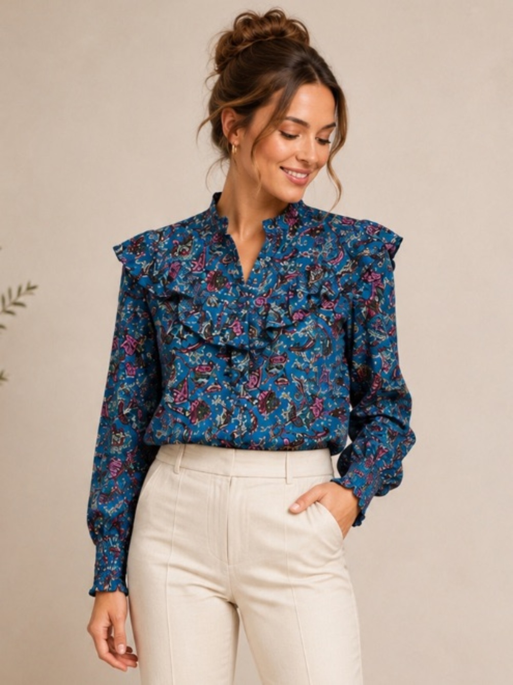 Loft women's XS ruffle detail paisley print button down w/ gathered sleeves EUC